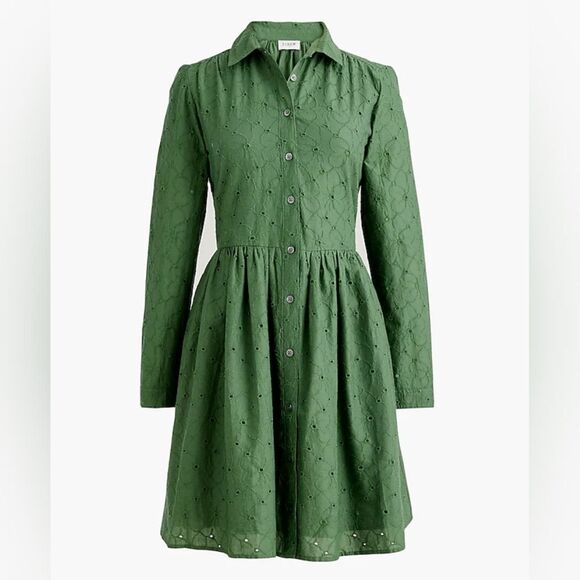 J. Crew Green Eyelet Button-Up Mini Dress Size 14 - Picture 1 of 11